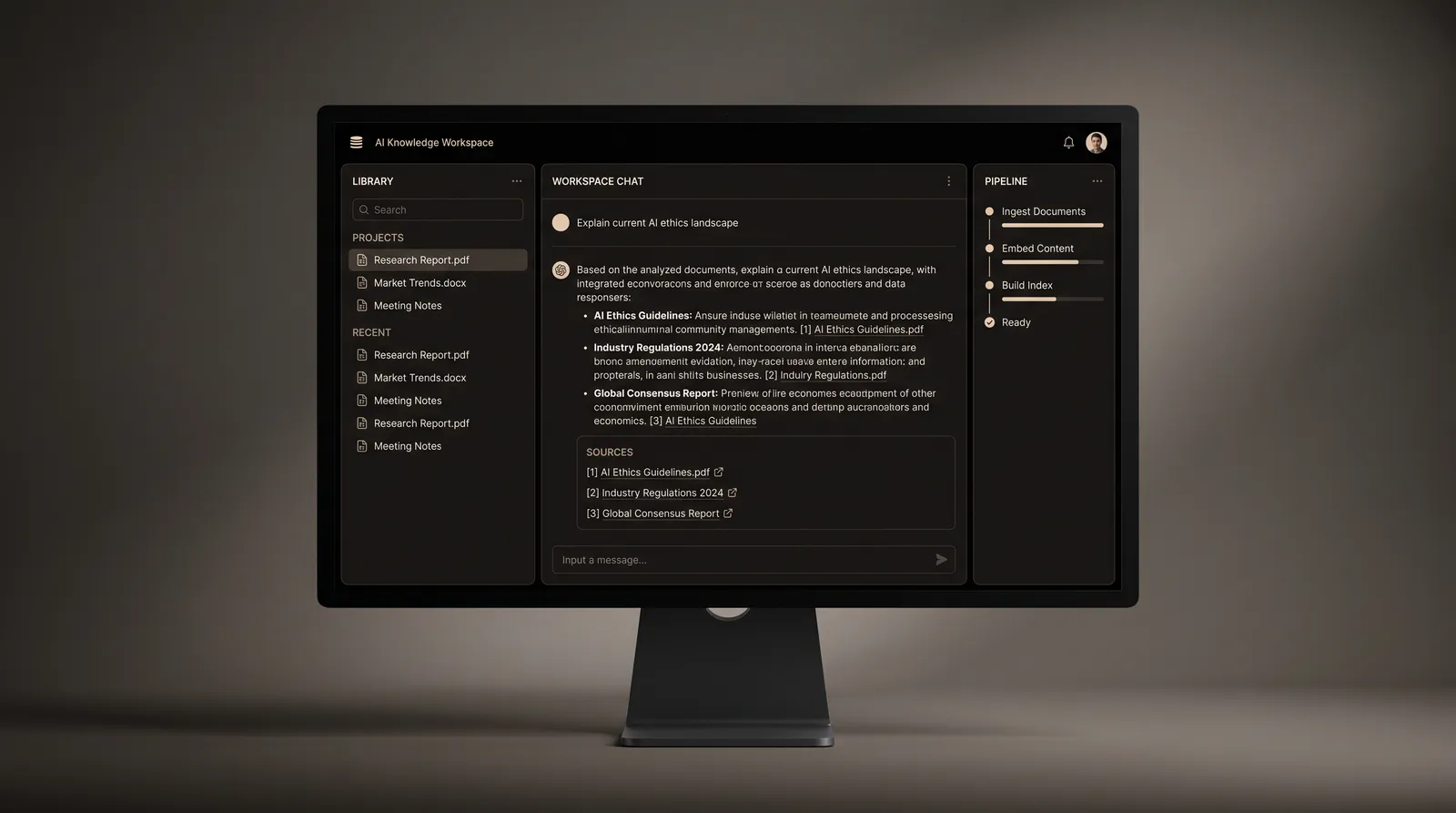 Concept interface of an AI knowledge workspace with a document library, cited chat answers, and a retrieval pipeline panel