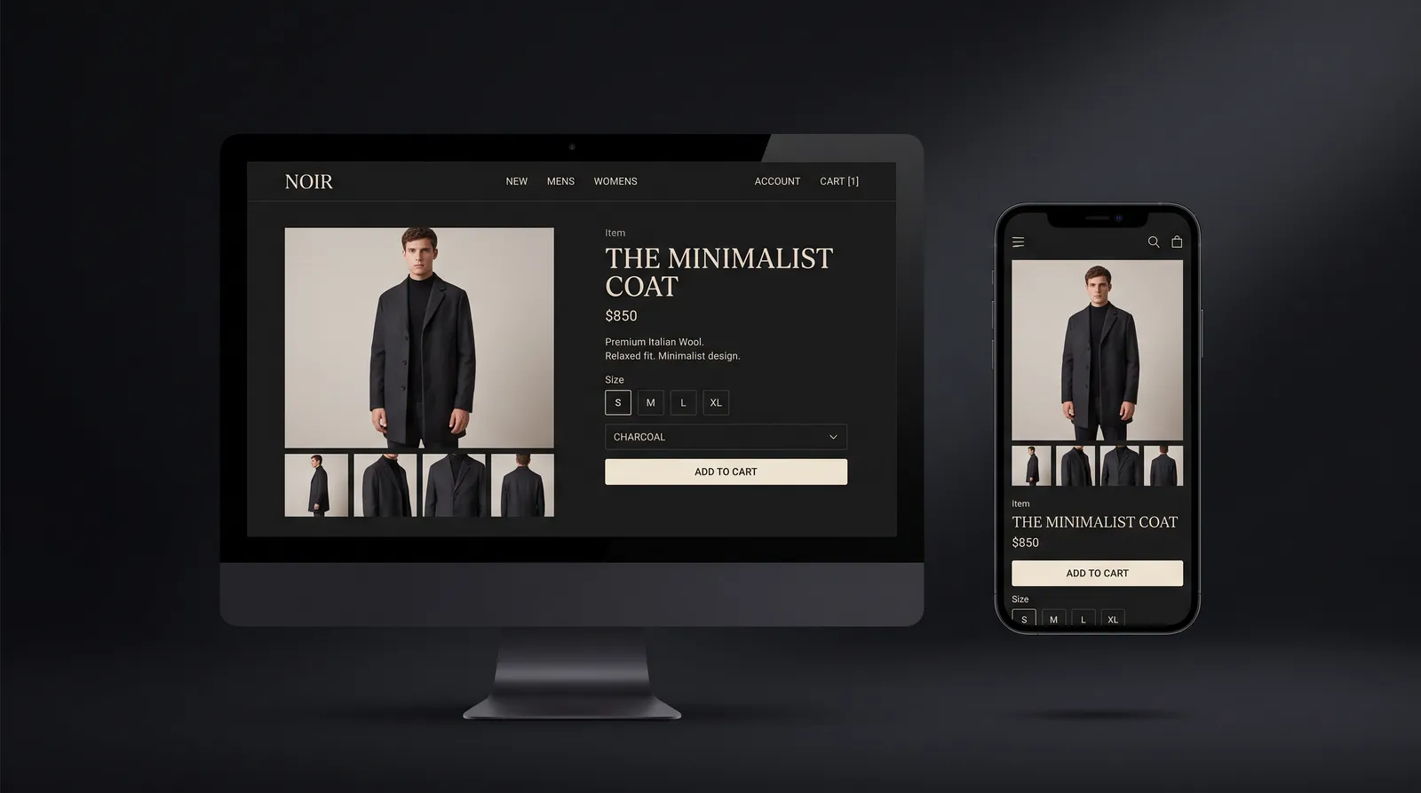 Concept interface of an e-commerce product page on desktop and mobile