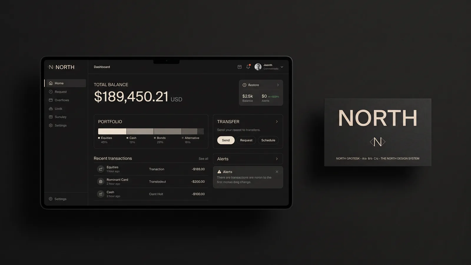 Concept interface of a fintech product showing a branded dashboard with balances, transactions, and a transfer flow in one visual system