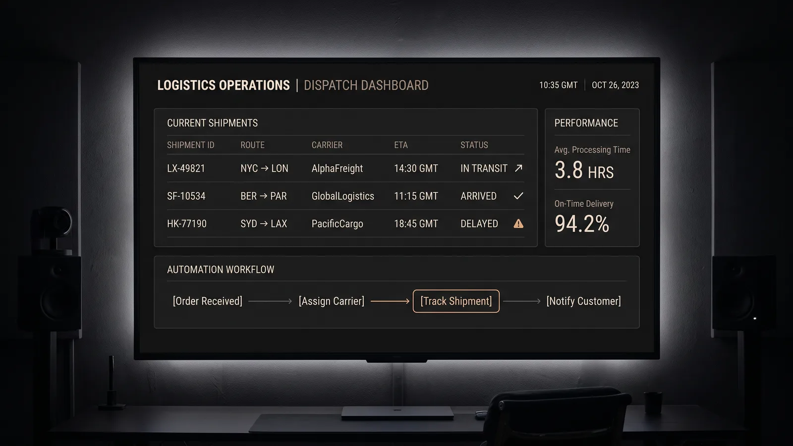 Concept interface of a logistics operations dashboard with a dispatch queue, live shipment statuses, and an automation workflow panel