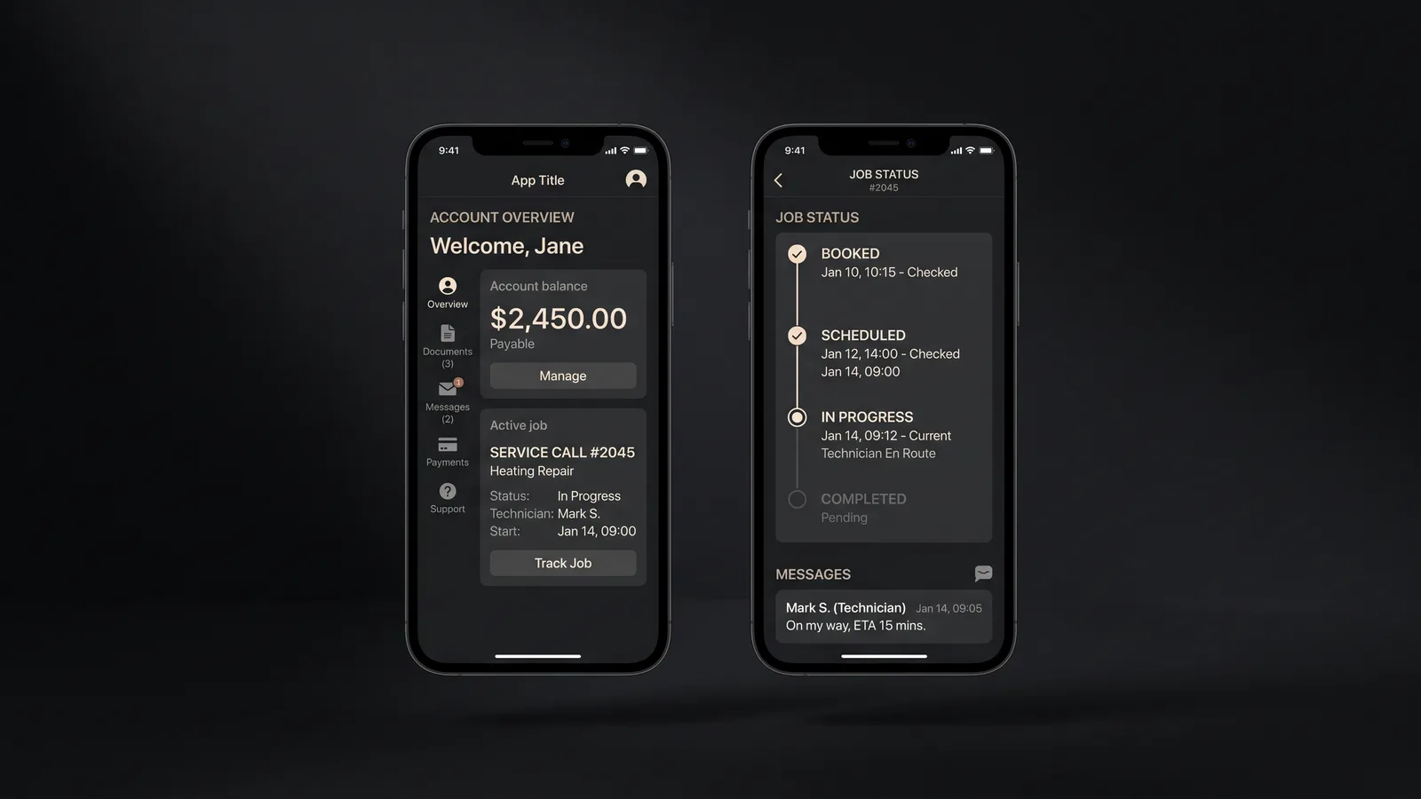 Concept interface of a mobile customer portal app showing account status, documents, and a message thread on a phone screen